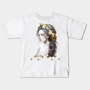 a girl with long hair and flowers in her hair Kids T-Shirt
